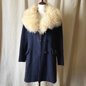 Vintage 60s Navy Wool Coat Oversized Fur Collar Mod Statement M/L